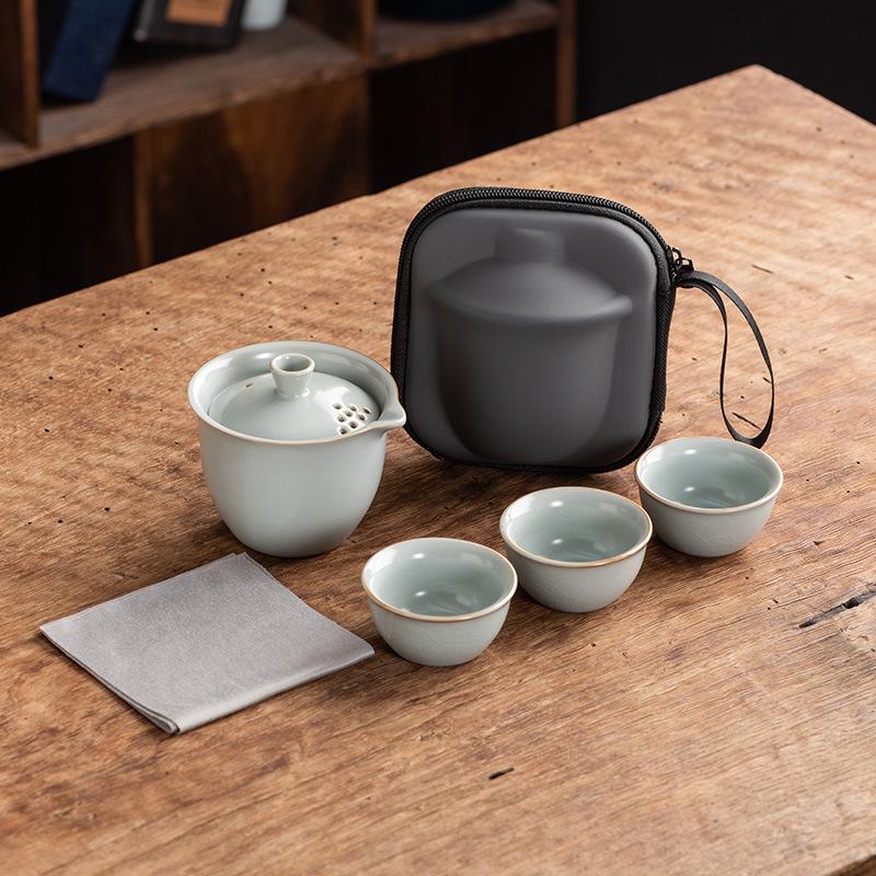 Celadon Ge Kiln Opening Film Can Raise Outdoor Portable Travel Tea Set, One Pot and Three Cups of Kuaike Tea Cup Gifts