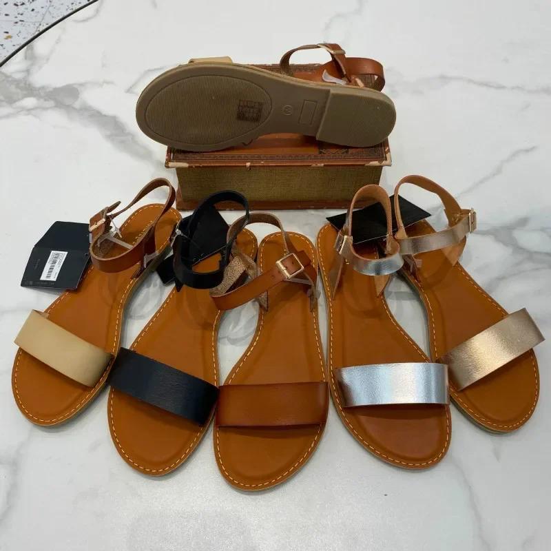 Fashion Leather Sandals for Women Flat with Summer Shoes Woman Retro Solid Round To Comfortable Casual Anti Skidding Beach Sandalias
