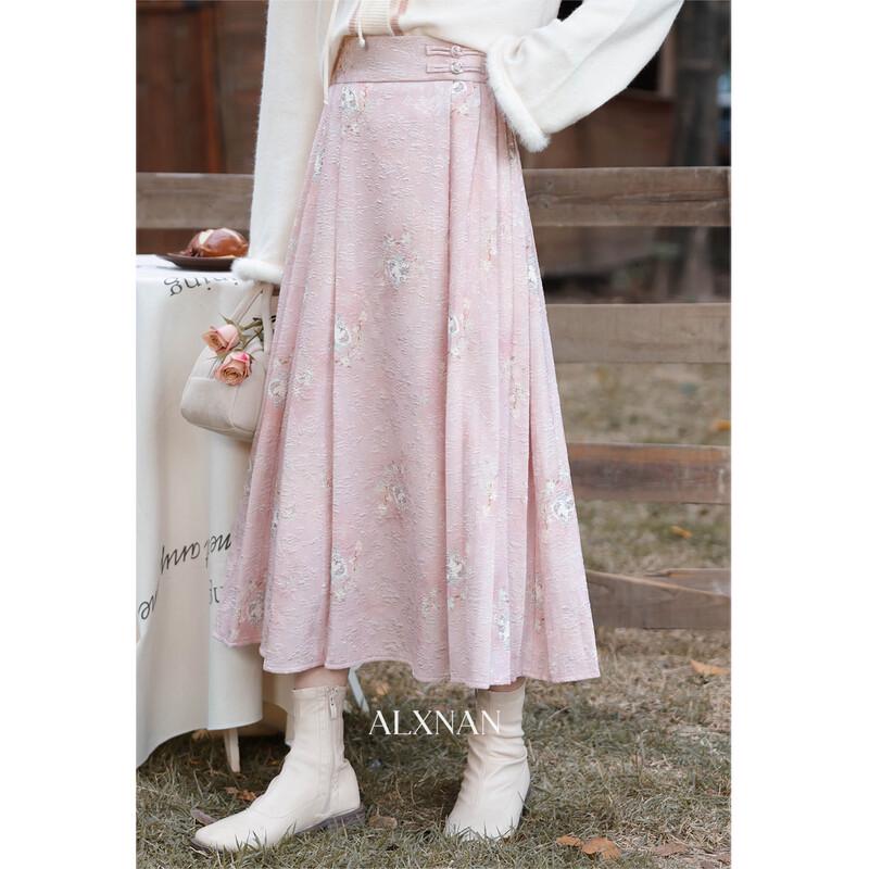 

Lu Xiangnan Pink New Chinese Style Floral A-Line Long Skirt M