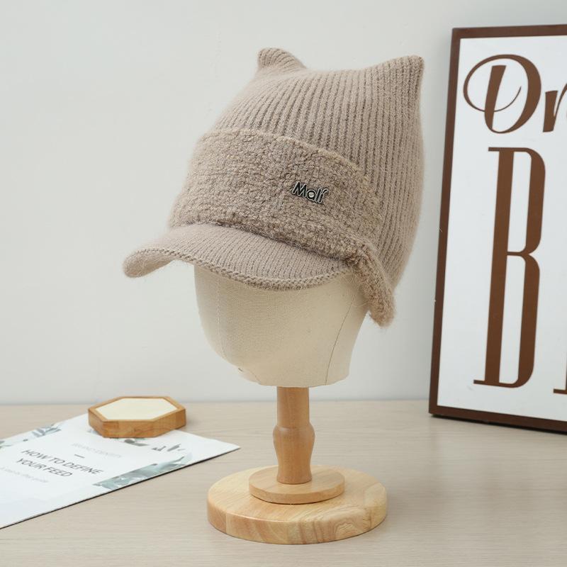Winter Cat Ear Hat for Women with Plush Velvet Thickened Cold Proof Wool Hat Warm Ear Protection Knitted Casual Versatile Baseball Cap