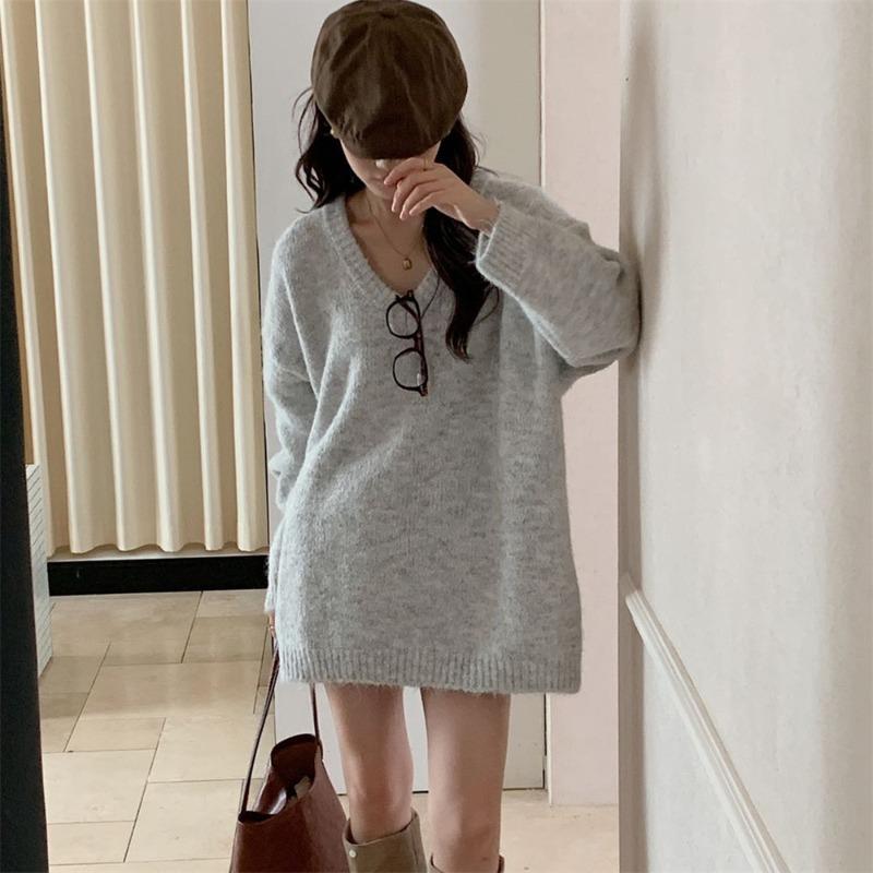 Gentle wind soft waxy neck pullover sweater women's autumn and winter new loose large size simple lazy wind knitted sweater top