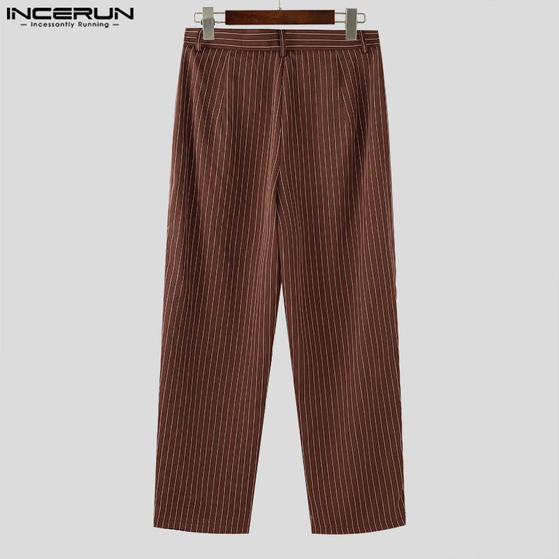 INCERUN Seturi Casual de Pantaloni de Costum pentru Bărbați din Două Piese cu Mânecă Lungă, cu Gât Rotund, cu Dungi și Fante