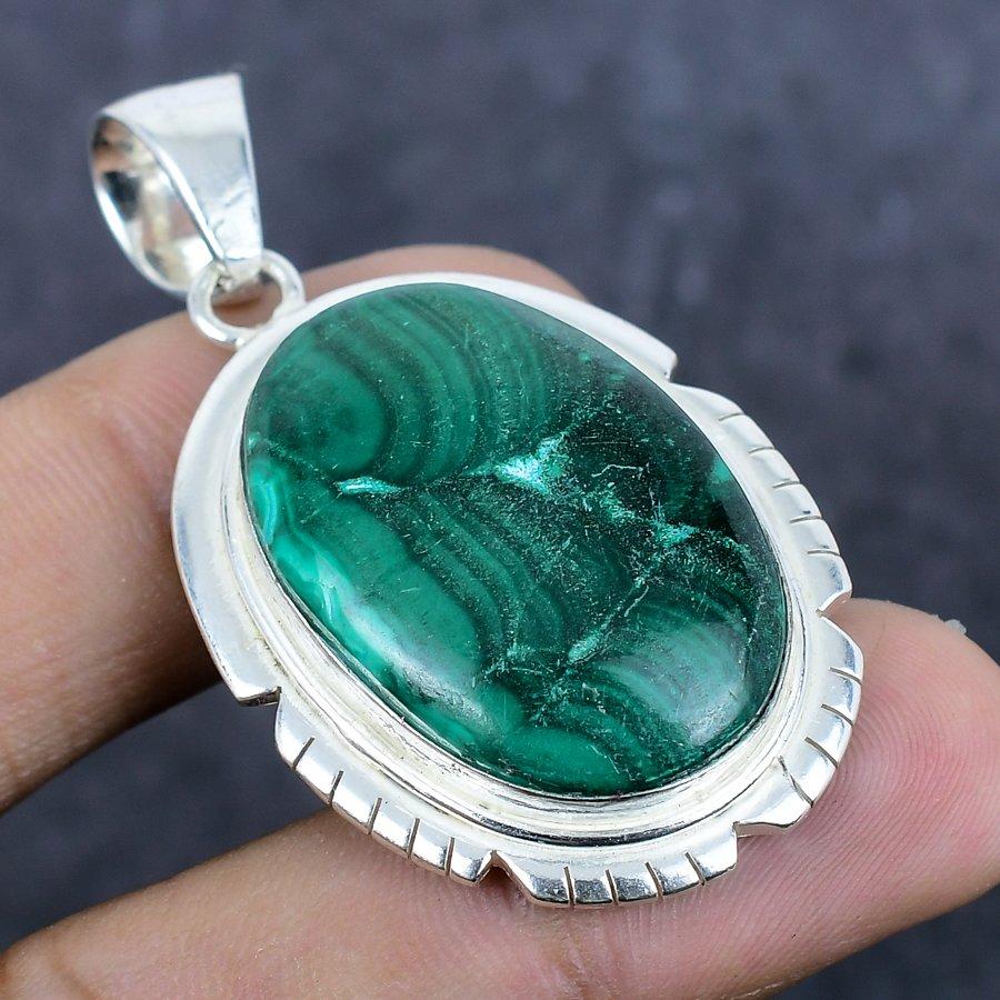 Natural Malachite Gemstone 925 Sterling Silver Jewelry Pendant 2.05" A8V96