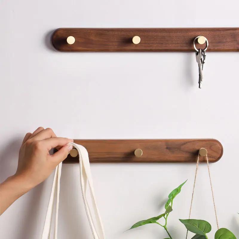 1pc Solid Wood Brass Coat Hook, Black Walnut Wood Coat Hanger, Clothing Hooks,Wall Mounted Storage Rack Drilling Installation