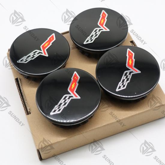 4PCS Wheel Center Rim Hub Caps Gloss Black Cross Flag 68mm For Corvette C7 C6