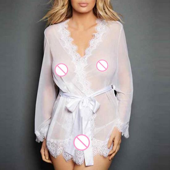 Sexy Women Long Sleeve Open Front Lace Bathrobe Briefs Sleepwear Erotic Underwear