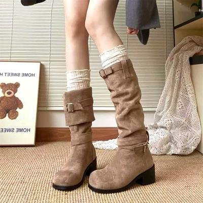 Damskor Höst Vinter Skor Stövlar Dam Western Cowboy Grova Klackar Knähöga Långa Stövlar Retro Khaki Mode Stövlar 2024