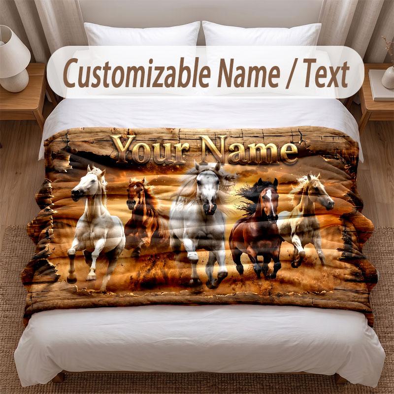 Coperta Morbida a Tema Cavallo Personalizzata con Nome Testo Stampato Coperta Calda Decorazione Divano Casa Camera da Letto