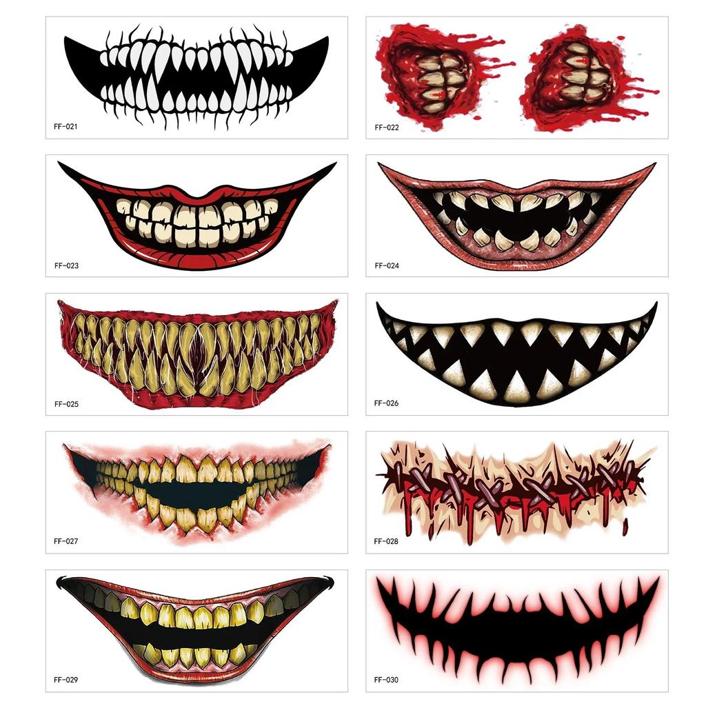 10Pcs Halloween PVC Tattoo Stickers Horror Lips DIY Stickers Big Mouth Tattoos Waterproof Funny Makeup Smile Lip Beauty Tool