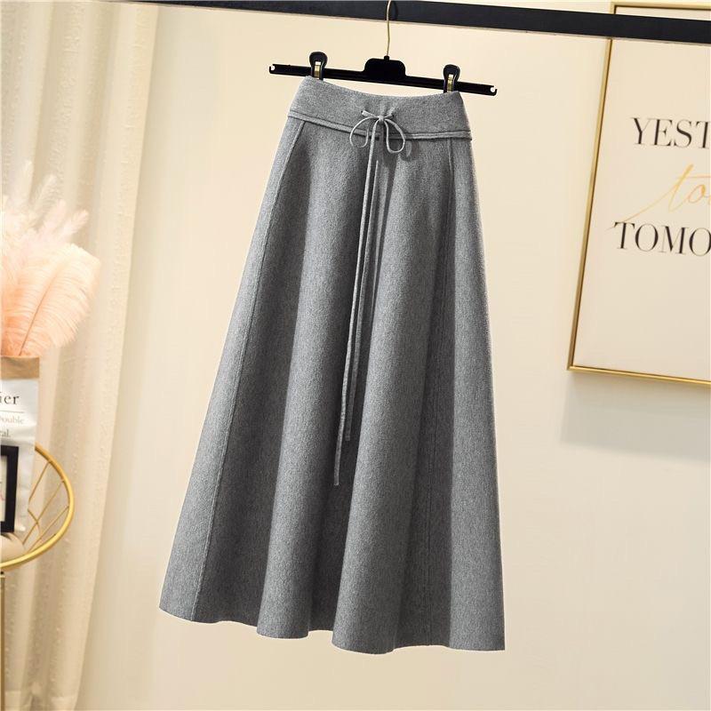 Thickened Knitted Midi Skirt Women's Autumn Winter High Waist Slimming Large Flounce Umbrella Skirt Pure Color Fashionable