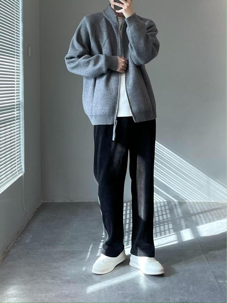 Men's Korean Style Double Zipper Stand Collar Knit Cardigan Jacket for Autumn and Winter Casual Wear