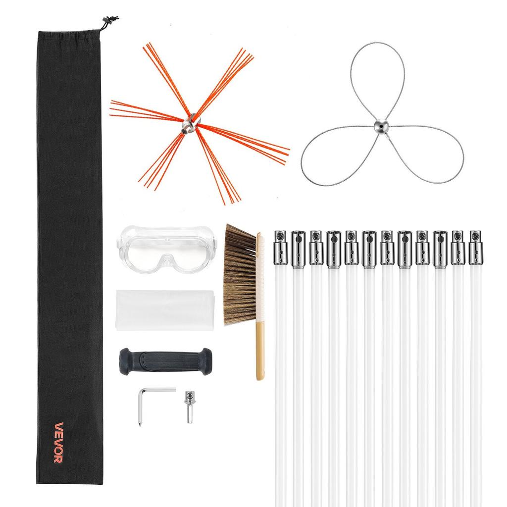 Chimney Sweep Kit, 12m Maximum Extendable Length Chimney Brush, Chimney Cleaner Sweeper with Dual Brush Heads, Brush & Goggles, Fireplace Cleaning