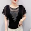 Summer Women's Sexy V-Neck Short Sleeve T-Shirts Elegant Luxury Hollowed-Out Hot Diamonds Casual Tops Brand Female Slim Tees Blouse