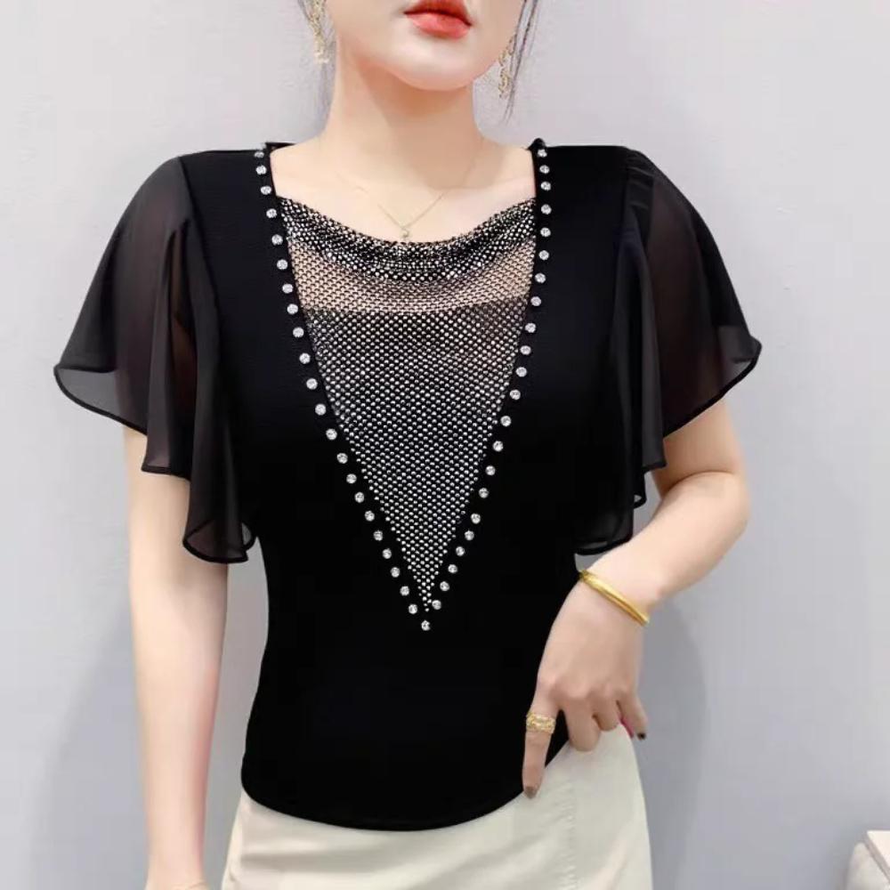 Summer Women's Sexy V-Neck Short Sleeve T-Shirts Elegant Luxury Hollowed-Out Hot Diamonds Casual Tops Brand Female Slim Tees Blouse