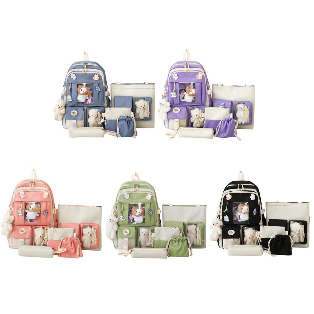 5pcs Cute Women Multi-Pocket Backpack Drawstring Pouch Junior High School Student School Bag Female Girl Backpack