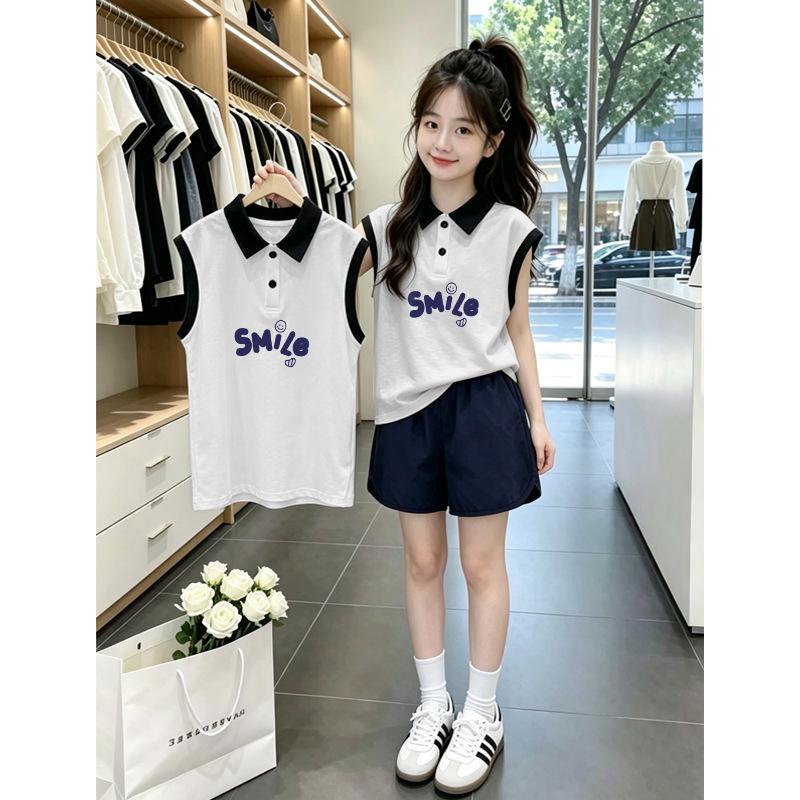 Girls' Cotton Patchwork Polo Vest Set - Summer 2026 Collection for Medium & Large Children, Sleeveless Lapel T-Shirt.