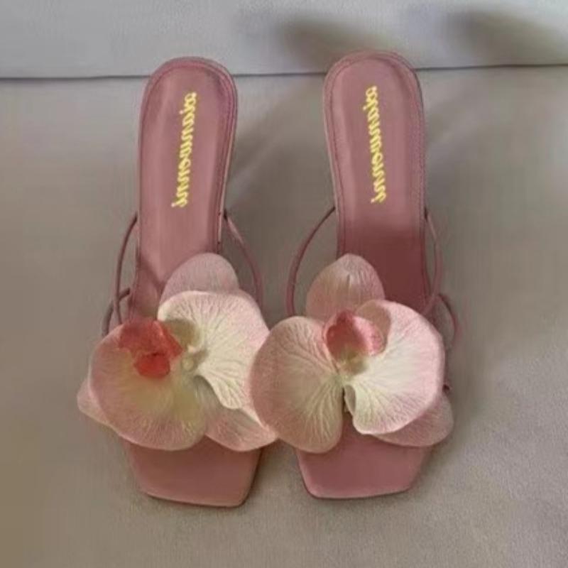 New Summer Stiletto Sandals Women's Square Head Open Toe Thin with Flowers Slip-on High-heeled Slippers