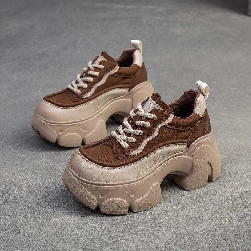 Johnature Thick Soled Heightening Pumps Genuine Leather Lace-up Versatile Retro Women's Platform Shoes