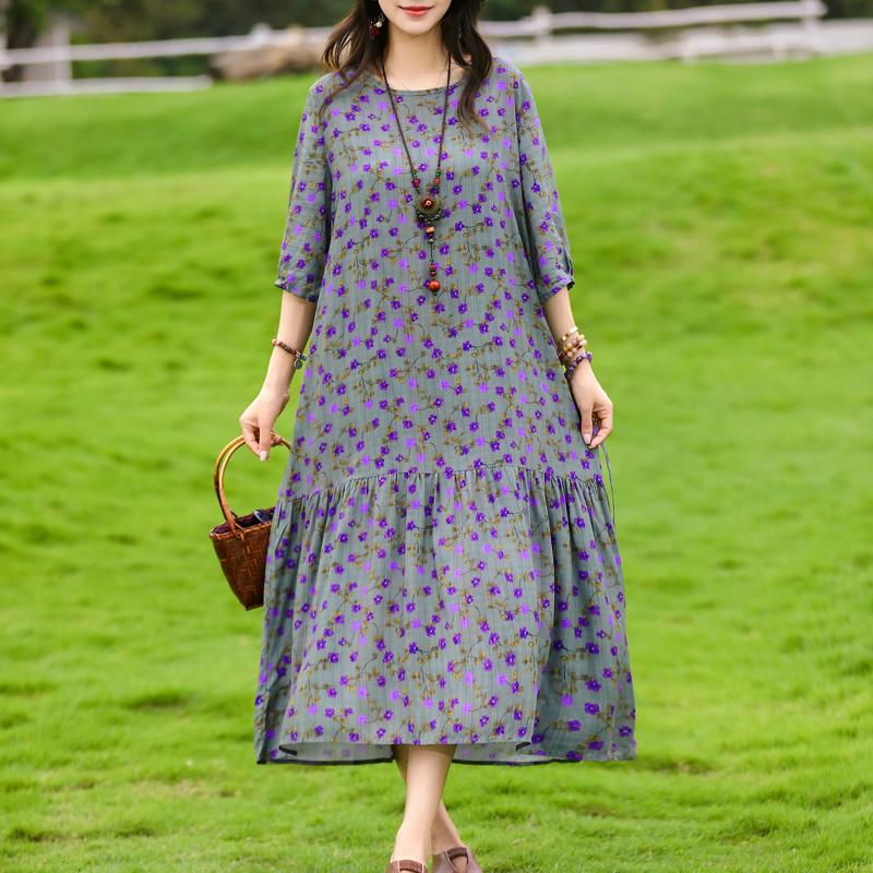 Women's Floral Print Maxi Dress, Tie Waist 3/4 Sleeve Casual Summer Dress (XL-5XL)