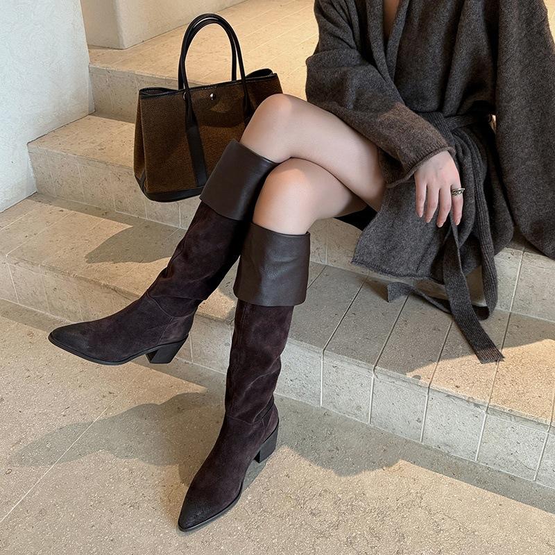 2.5CM-6.5CM niche design thin knight boots 2025 autumn new pointed thick heel but knee boots