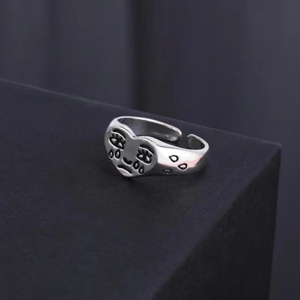 Unisex Retro Heart Crying Face Open Ring, Silver Color Punk Gothic Style, Handmade Designer Jewelry For Men Women
