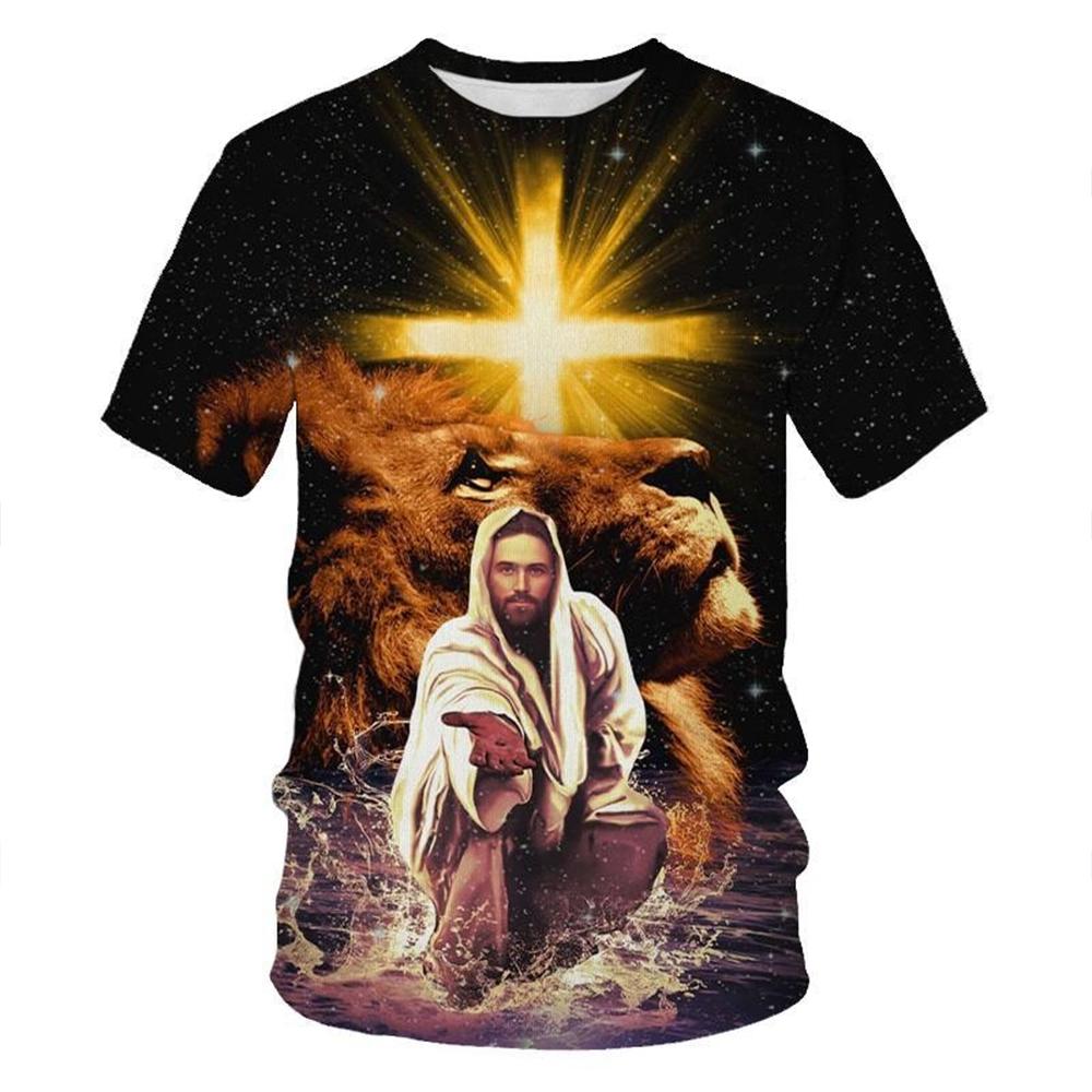Cross Lion Pattern 3D Printed T-shirt Personalized Christian Art Round Neck Clothing Summer Fashion Creative Design Short Sleeved Tops