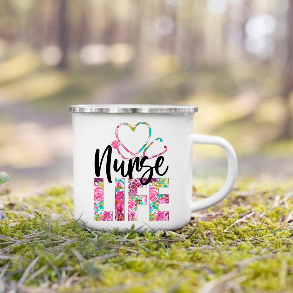 Nurse Life Print Mugs Enamel Mugs Creative Coffee Cups Drinks Dessert Breakfast Milk Cup Handle Drinkware Best Gifts for Nurse