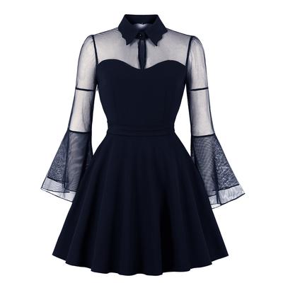 Spring and Autumn Fashion Women's Clothing Dark Mesh Long Sleeved Retro Dress Casual Mid Length Skirt