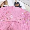 Premium Pink Sequin Bow V-Neck Knit Top – Long Sleeve, Versatile, Youthful Spring Style