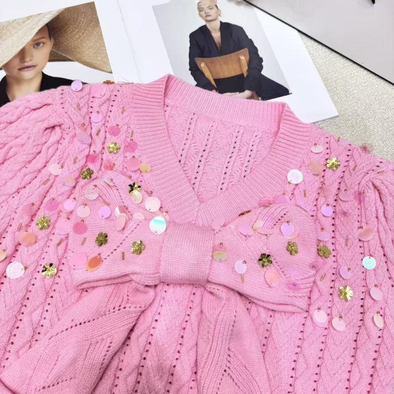 Premium Pink Sequin Bow V-Neck Knit Top – Long Sleeve, Versatile, Youthful Spring Style