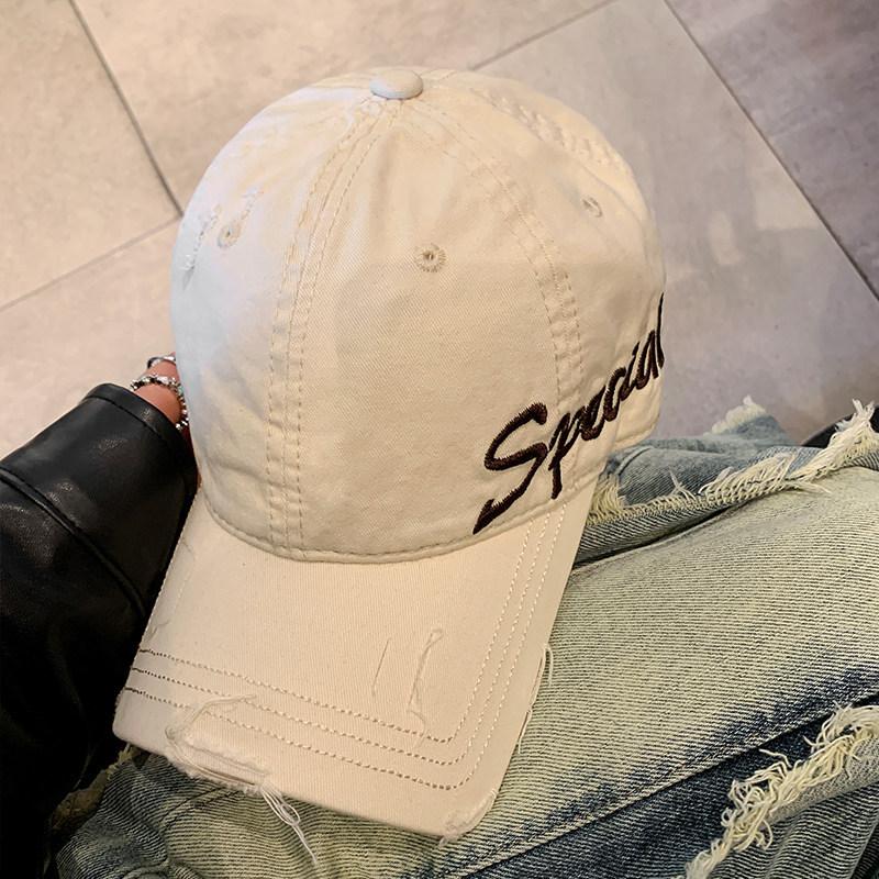 Embroidery Washed Old Denim Baseball Cap Female American Retro Hole Edging Soft Top Cap Wide Brim Showing Small Face