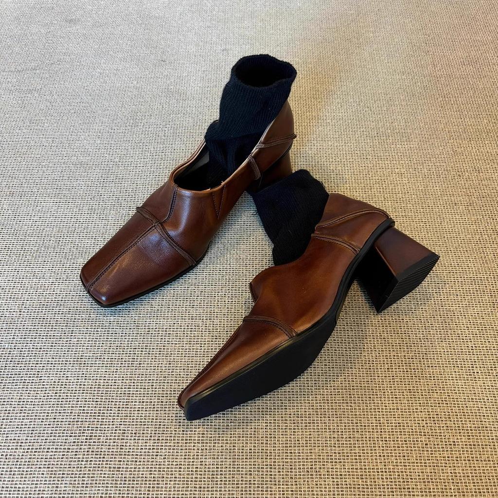 Nische vielseitige Ein-Pedal Tiefmaul kleine Lederschuhe Damen 2025 neu Retro-Stil eckige Spitze schlicht dicker Absatz weiche Lederschuhe