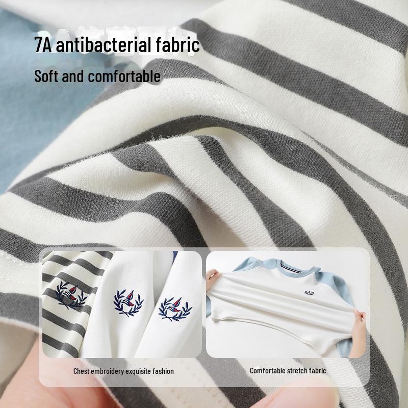 Boys' Striped Long-Sleeve Antibacterial Cotton T-Shirt