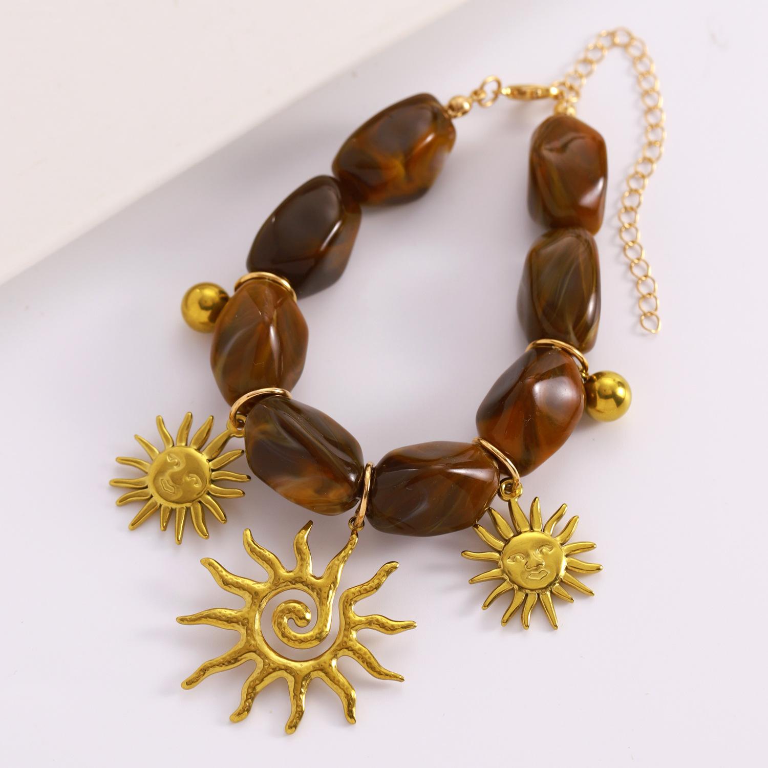 Retro Maillard Style Brown Irregular Beaded Bracelets Gold Color Sun Tiger Eye Stone Elastic Bracelet for Women Bohemia Jewelry