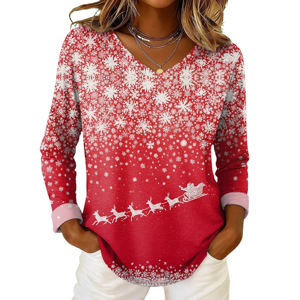 Top casual de damă cu mânecă lungă și decolteu în V, cu imprimeu de Crăciun