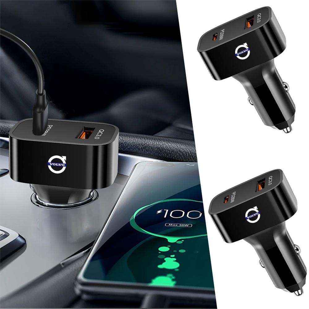 For Volvo V40 V50 S40 S80 XC60 S60 XC40 V90 XC60 S90 RDESIGN Car Charger Retractable Type C Ports USB Auto Fast Charger Adapter