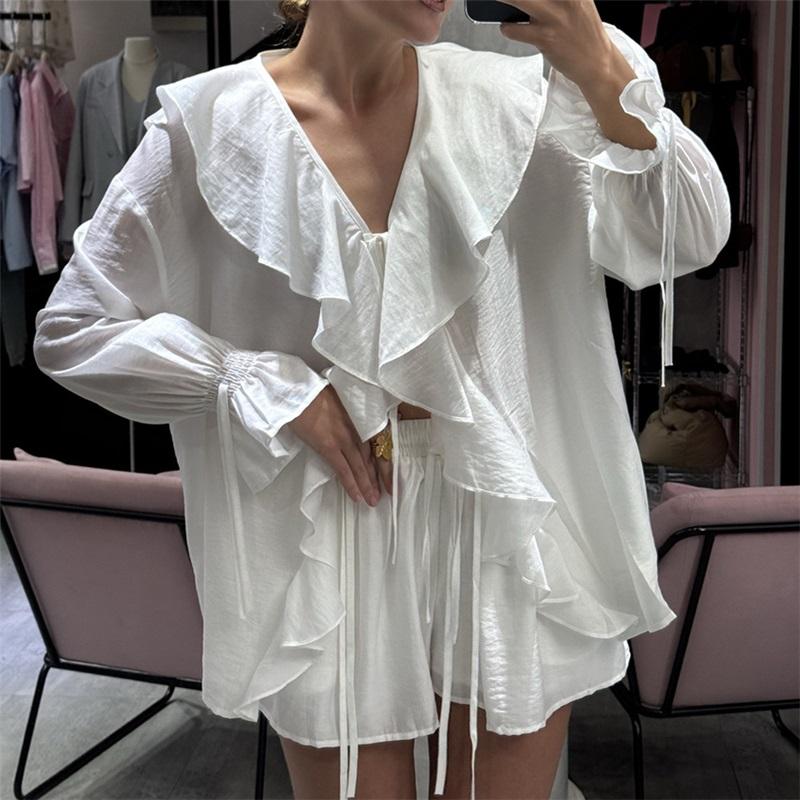European And American Style Ruffle Hem Casual Set Spring Summer Women's Tie Cardigan Top And Shorts Design