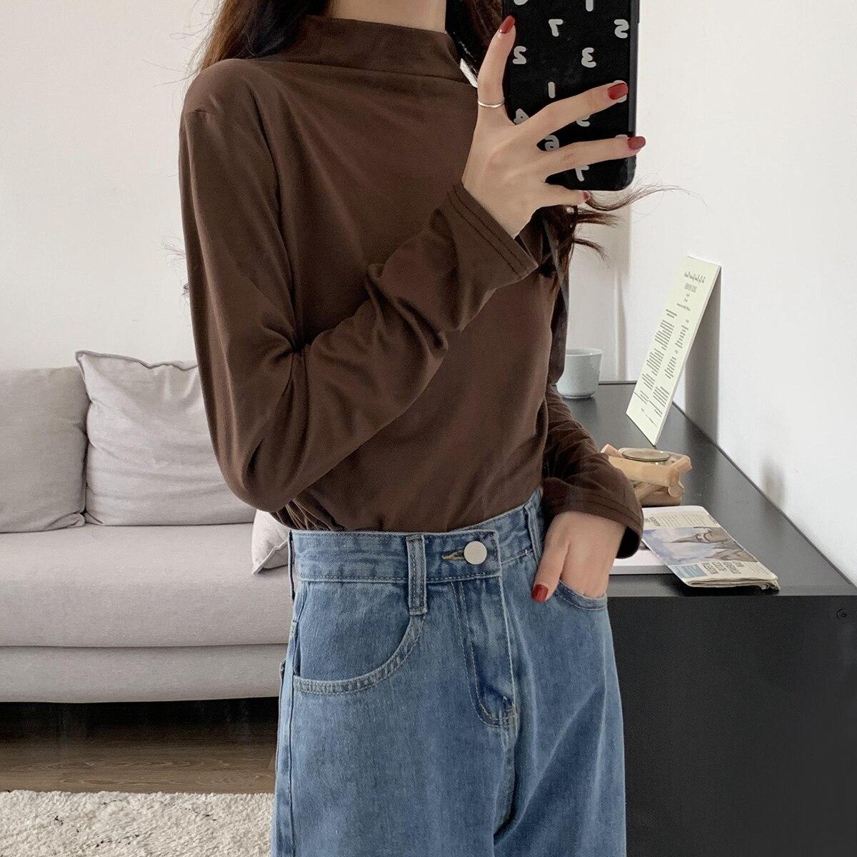 

Рубашка с длинным рукавом, женские футболки, осенне-зимняя модная женская повседневная узкая эластичная футболка с воротником-стойкой, пуловеры, топы One Size темно-коричневого