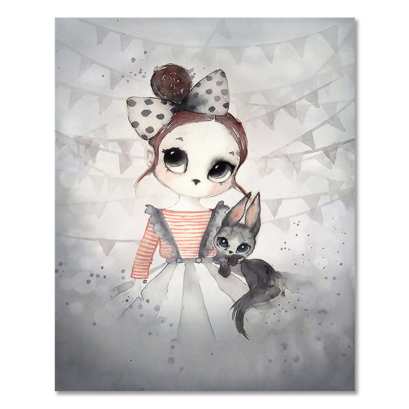 Väggkonst Kanin Flicka Djur Abstrakt Duk Målning Nordisk Akvarelltryck Barn Sovrum Vardagsrum Affisch Bild Heminredning