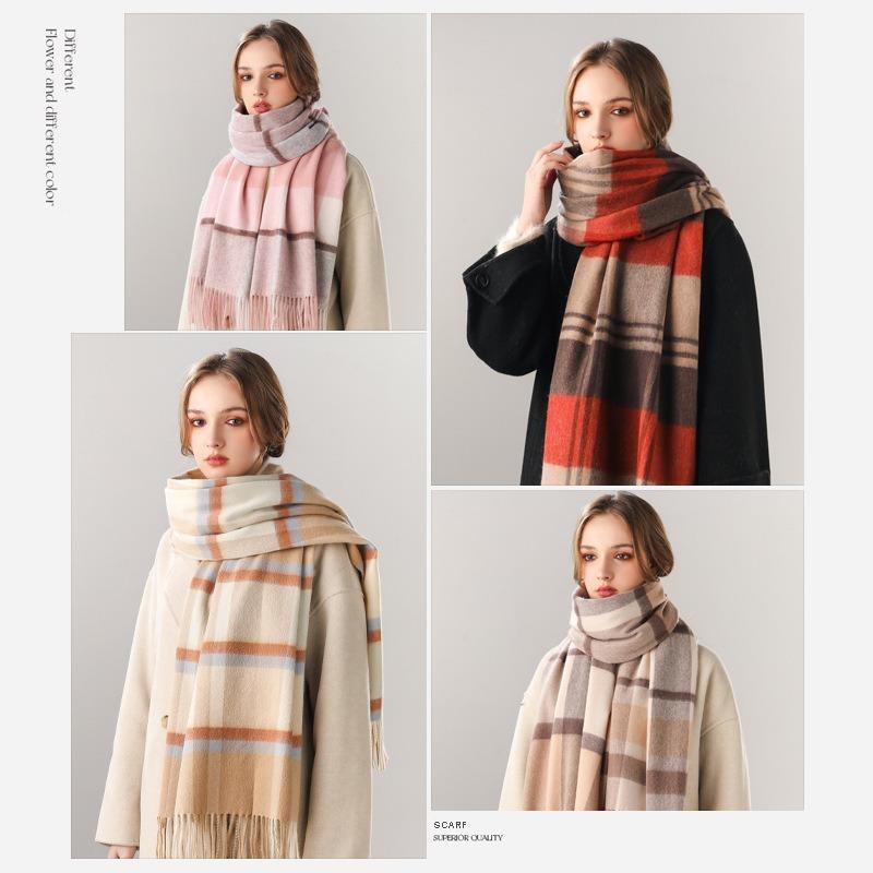 Autumn and Winter Pure Wool Scarf Women's Plaid Thickened Warm Shawl