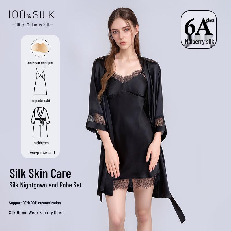 Silk Pajama Dress & Robe Set: 100% Mulberry Silk Two-Piece Camisole Dress with Morning Robe