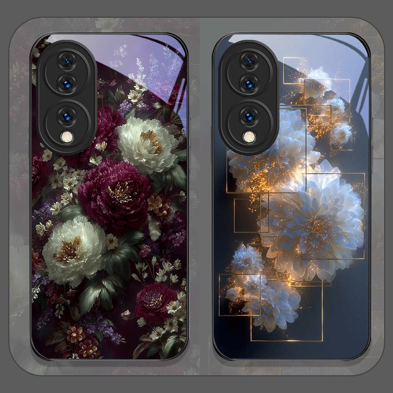 Elegant Floral Vintage Flower Pattern Tempered Glass Phone Case for Huawei Honor 200 Lite 100 Pro 90 80 GT Magic 7 6 X8 X9 Cover