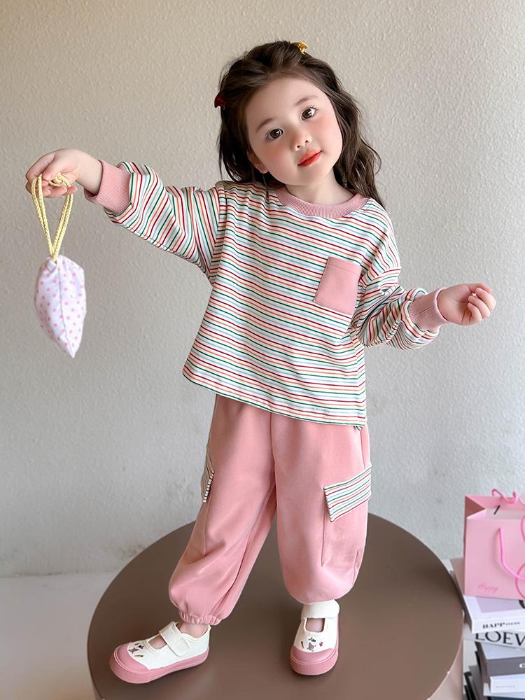 2025 Girls' Stylish Striped Long-Sleeve Sweatshirt & Pant Set - Spring/Autumn Fashion