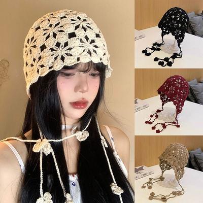 Breathable Hand-knitted Hollow Flowers Hat Crochet Soft Cute Beret Cap Fringed Elegant Skullies Cap for Women Photography