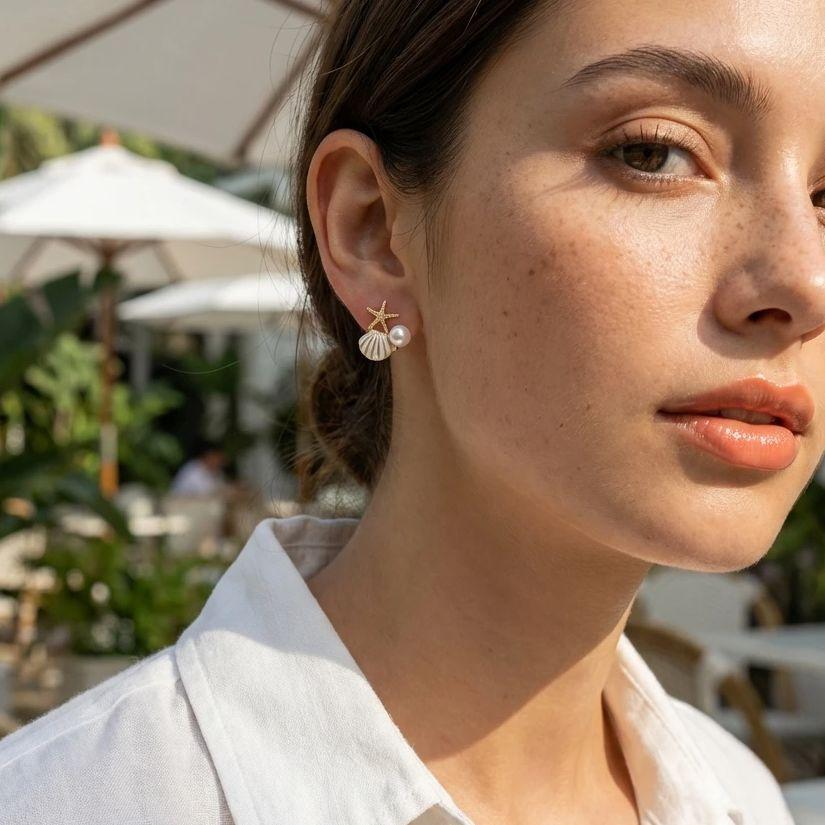 Trendy Asymmetric Starfish Shell Earrings for Women Ocean Style Imitation Pearl Zircon Stud Earring Girl Beach Vacation Jewelry