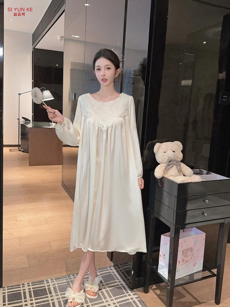 1011 new ice silk nightdress women's long-sleeved lace spring and autumn loungewear high-end light luxury style can be worn outside pajamas