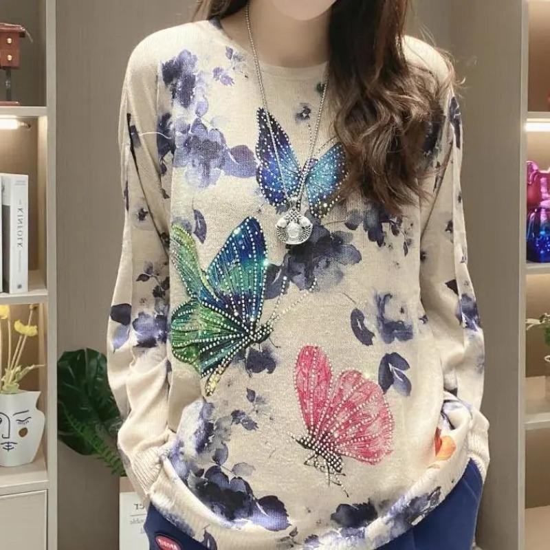 Ледяной шелк Мягкий лен Новый круглый вырез Длинный рукав Горячий бриллиант Женский Простой Бабочка Тонкий Свободный Топ Onesize белый