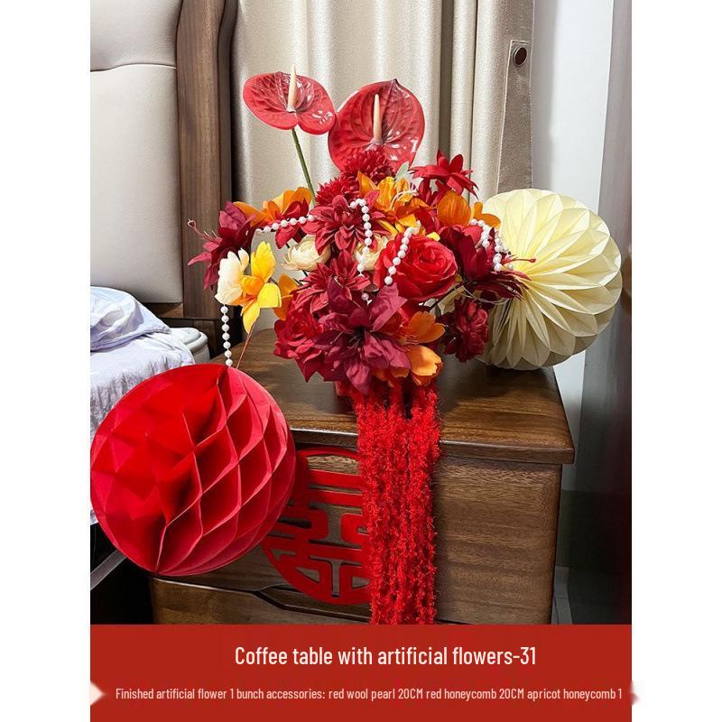 Red Wedding Artificial Flower Arrangement for Living Room, Coffee Table, or Bedside Décor