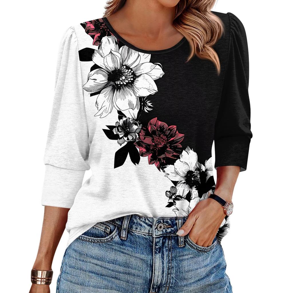 Women's Fashion Casual 3/4 Sleeve Print Shirt Women's Round Neck Tops