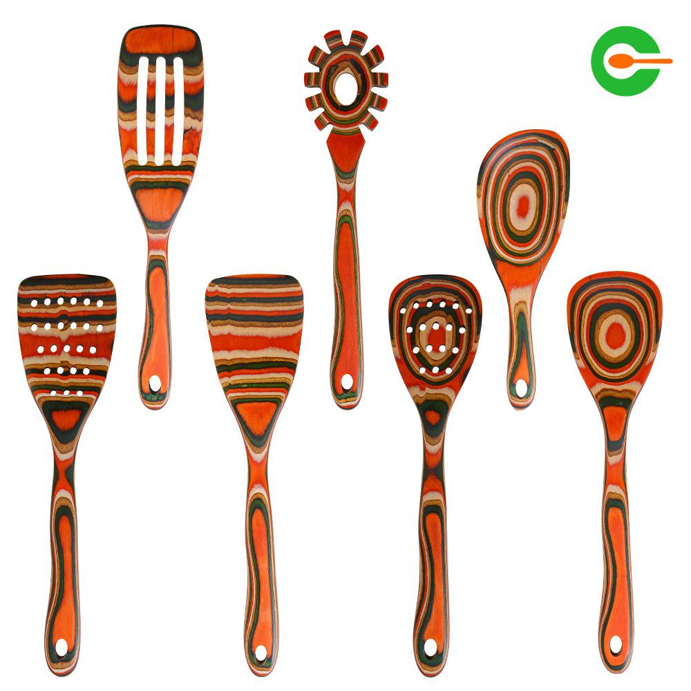 Colored Wooden Kitchen Set: Non-stick Ladle, Strainer, and Spatula.